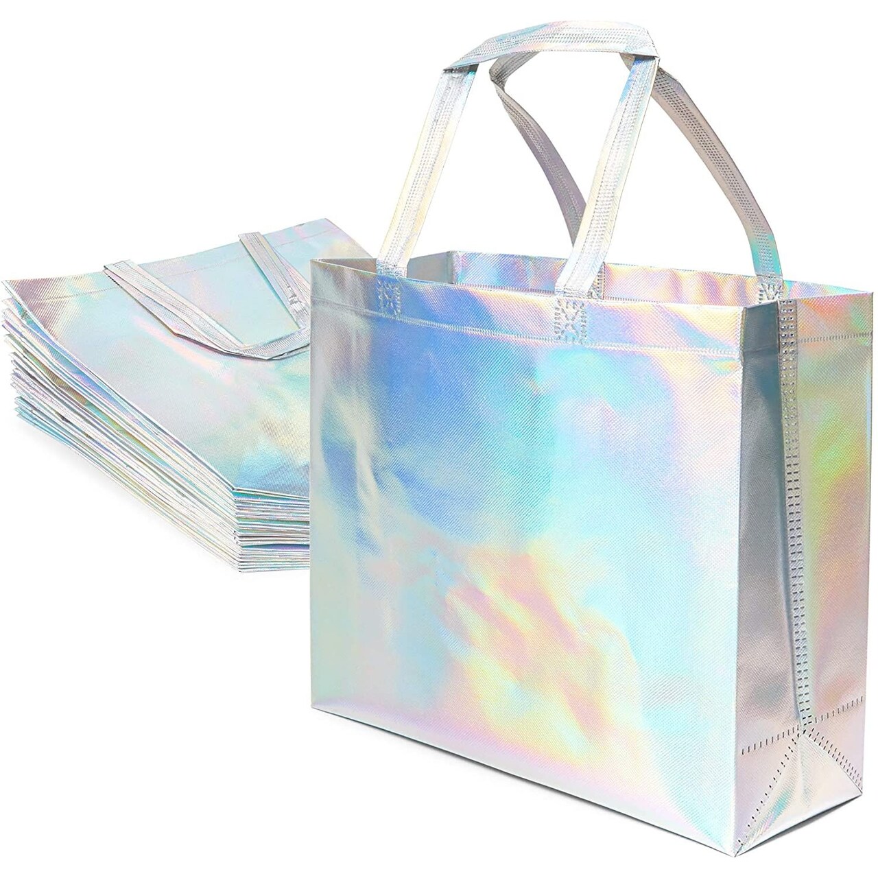 Juvale 24 Pack Reusable Holographic Bags with Handles, Cute Iridescent Bags for Gifts, Birthdays, Glossy Party Favors, Shopping and Everyday Use, Waterproof Grocery Tote, 14 x 12 x 5 In